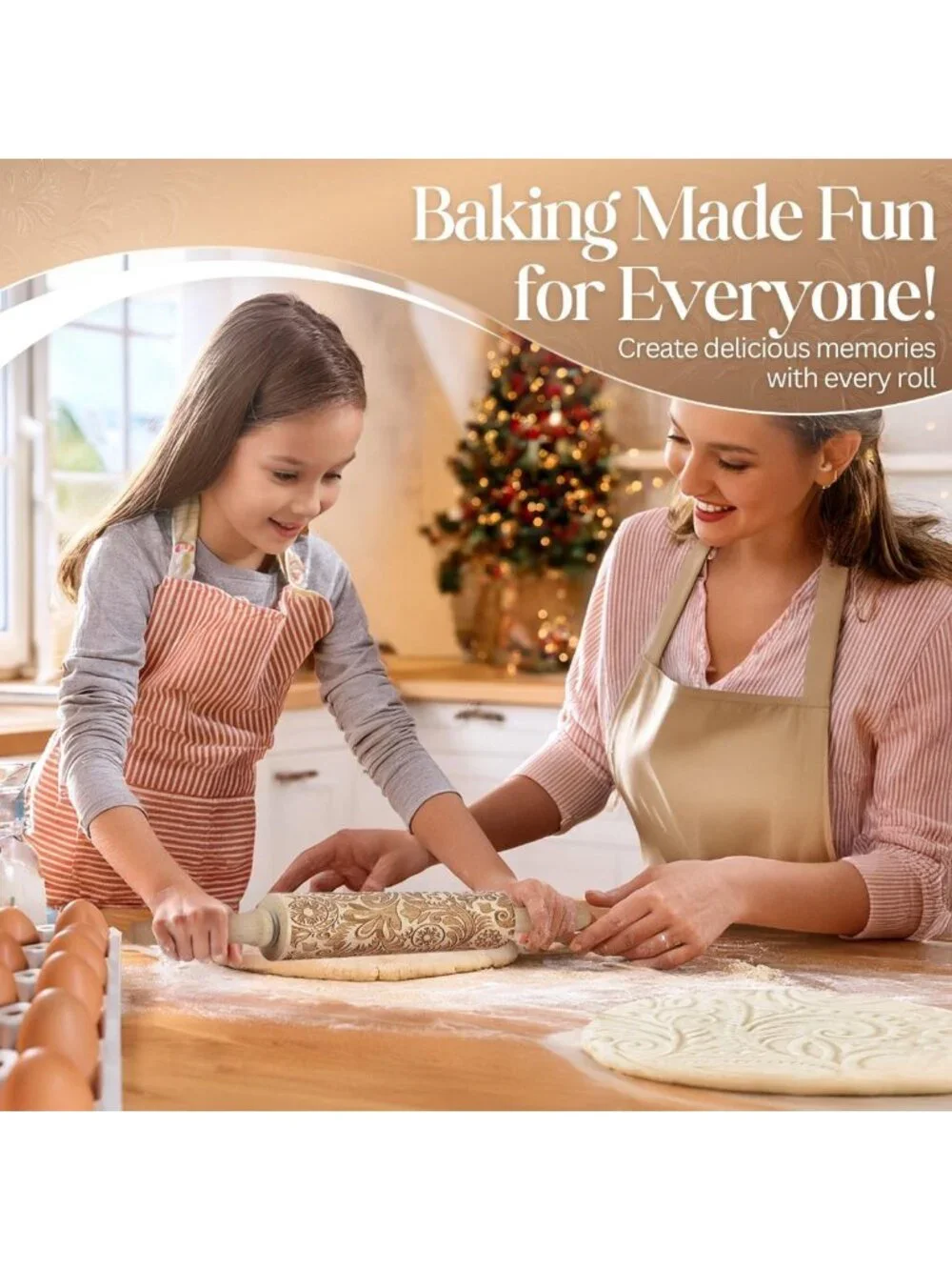 Engraved Wooden Rolling Pin with Snowflake & Flower Patterns for Baking Pastry